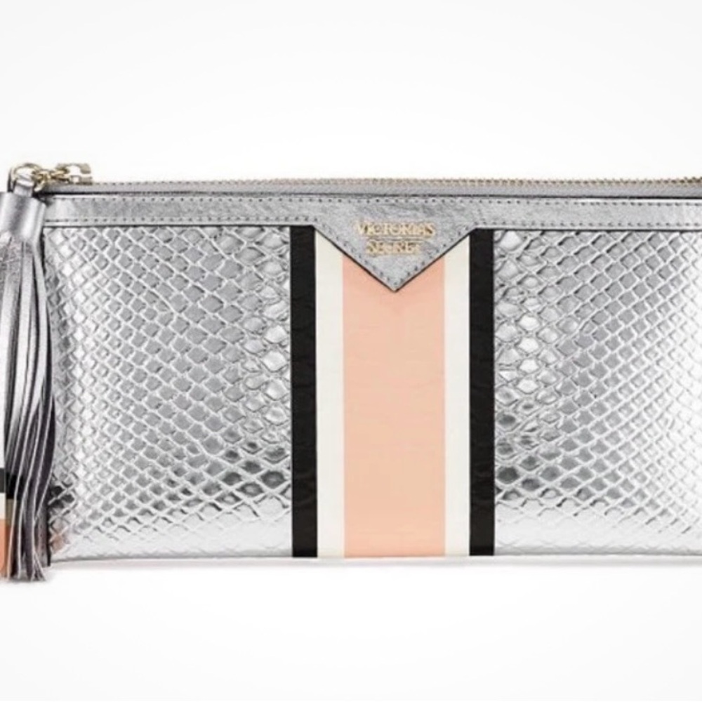 Victoria's Secret Metallic Silver & Pink Wallet Wristlet with Tassel